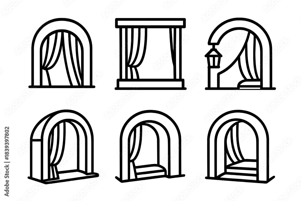Fototapeta premium Cozy Alcove Icons. Shelter linear set: covered nook, gentle curtain fold, supportive beam, cozy alcove, guiding lantern, sheltered step.