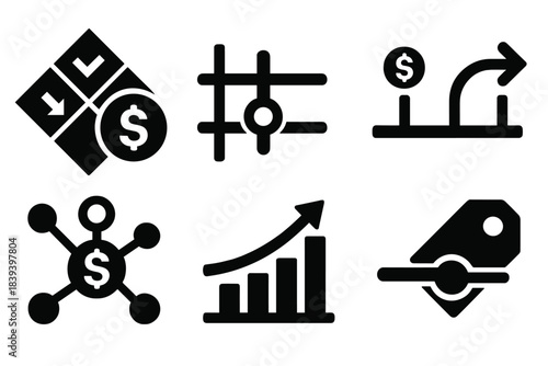 Bold Savings Icons. Adaptive saving strategies silhouette set: dynamic savings tile, automation slider, interest arc, goal path bar, micro-funding node, balance growth icon,