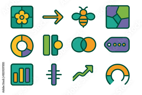 Colorful Pollination Network Icons. Pollination Network Patterns flat set: nectar source tile, pollen-route arrow, bee activity node, habitat mosaic patch, bloom cycle ring,