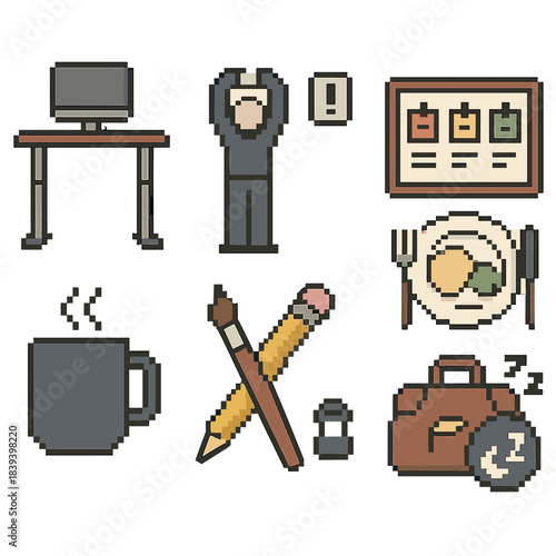 Pixel Art Work-Life Icons. Healthy Work–Life Blend pixel style set: standing desk, stretch reminder, task board, lunch break plate, evening unwind mug, hobby tools, weekend bag,