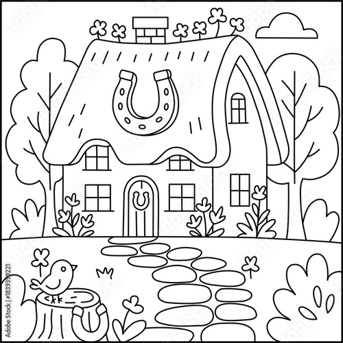 Charming Irish Cottage Coloring Page with Lucky Symbols