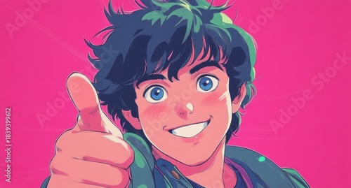 Smiling anime boy giving thumbs up, vibrant cartoon character with blue eyes on a bright pink background, expressing happiness and encouragement.