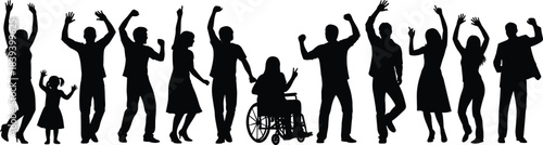 Diverse Group of Happy People Dancing Together Vector Silhouette, Celebrating, Jumping, and Raising Hands, Including a Child and a Person in a Wheelchair, Promotion of Inclusion and Community.