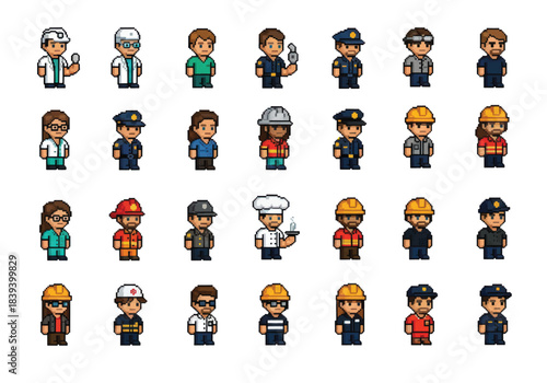 Collection of Pixel Art Avatars Representing Various Professions and Occupations