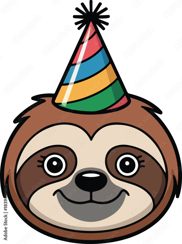 Obraz premium Cute sloth head vector wearing a festive party hat with colorful stripes on a solid black background