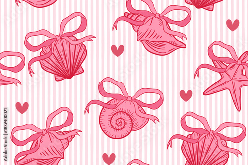 seamless romantic seashell and starfish pattern with pink bows and hearts on soft striped background for cute valentines designs