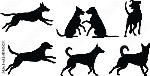 Domestic Canine or Dog Black Silhouette Vector Illustration Collection Set, Featuring Various Poses Such as Running, Sitting, Playing, and Standing, Isolated on White Background.