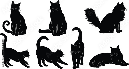 Domestic Cat or Feline Black Silhouette Vector Illustration Collection Set, Featuring Various Poses Such as Sitting, Stretching, and Lying Down, Isolated on White Background.