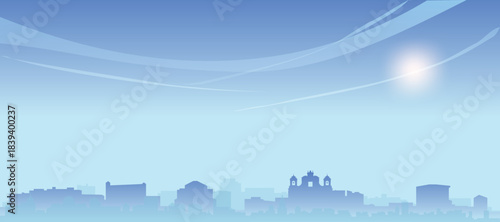 Blue panoramic poster of the city skyline with misty background buildings and clouds of NAPLES, ITALY