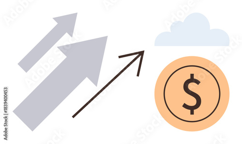 Arrows pointing upward alongside a dollar coin and cloud emphasize growth, financial success, and aspirations. Ideal for business strategy, investment, data, opportunities, ambition, progress simple