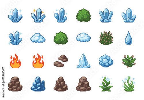 Charming pixel art game elements set featuring diverse natural resources like sparkling crystals, elemental forces, and lush environment assets