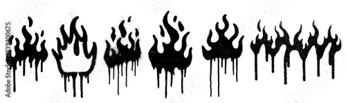 Set of grunge messy graffiti spray painted flames with drips and splatters