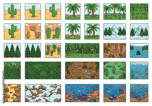Colorful pixel art environment tileset for 2D games, featuring deserts, forests, and underwater scenes