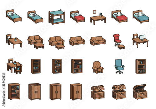 Collection of Pixel Art Furniture and Room Objects for Game Design
