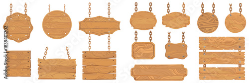 Mixed set of wooden signboards with carved edges, detailed grain, cartoon vector art.