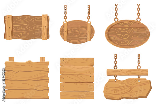 Old wooden planks designed as signs, worn texture, hanging by twine or chain