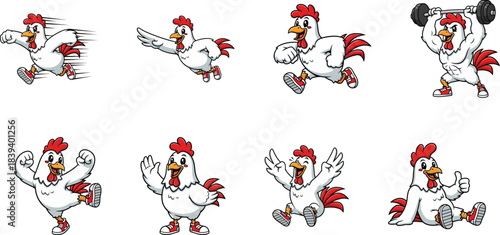 Cartoon Chicken Mascot Running and Fitness Pose Set
