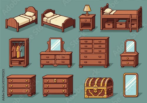 Collection of Pixel Art Furniture Beds, Dressers, Wardrobes, and Treasure Chest