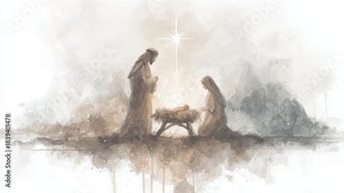 Nativity scene celebrating birth of jesus christ under a shining in christmas art watercolor star