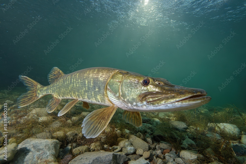 Fototapeta premium Muskellunge: A Common Aquatic Predator Beneath the Surface in Canada