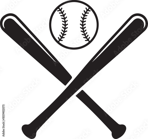 Two baseball bats crossed with a baseball above a striking silhouette