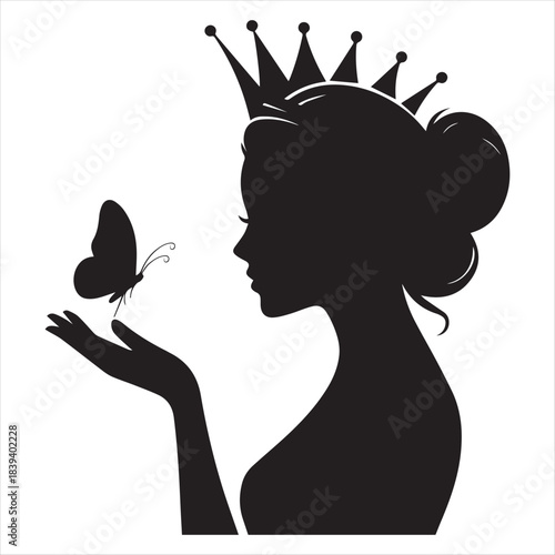 A woman with a crown and butterfly a captivating black silhouette