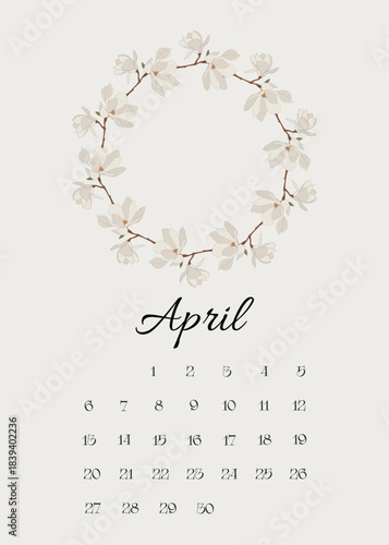 The month of April Calendar of the month of March 2026 magnolia wreath on the background Vector illustration