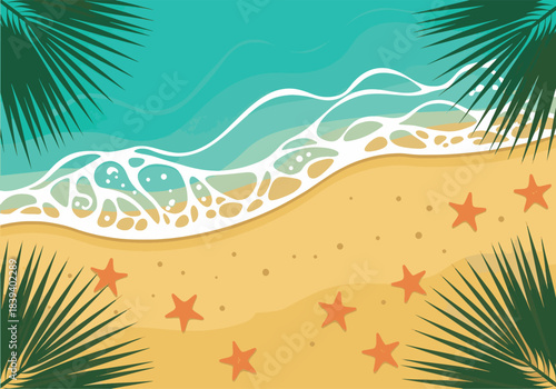 Vibrant aerial illustration of a sunny tropical beach with turquoise ocean waves, golden sand, scattered starfish, and lush palm leaves, perfect for summer vacation themes