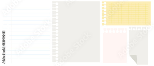 vector of assorted blank spiral notebook, gridded, and lined paper sheets in various colors on transparent background