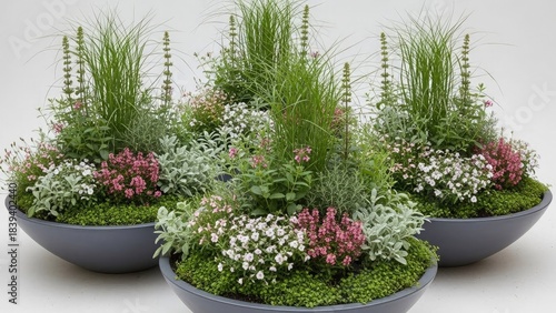 Beautifully arranged miniature garden displays with diverse plants and textures