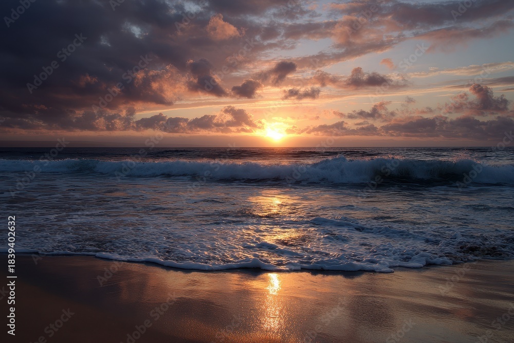 Obraz premium Fuerteventura Mi Amor: Breathtaking Sunset Over the Serene Ocean, Enveloped by Colorful Skies and Gentle Waves on a Tranquil Beach