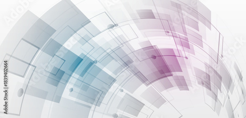 Abstract futuristic technology background with layered transparent shapes, curved lines, and soft blue and purple tones, representing data flow, digital networks, and modern innovation.
