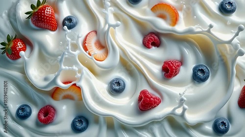 Fresh Berries Splashing in Creamy Milk Swirl with Strawberries, Raspberries and Blueberries