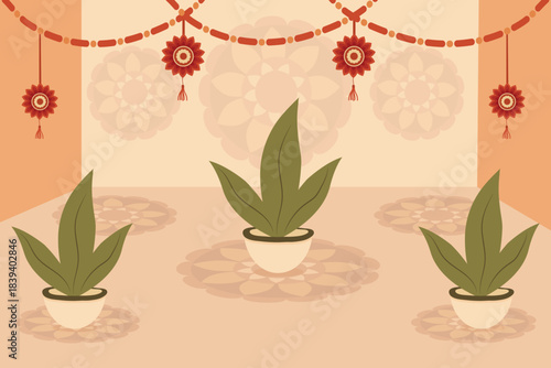 Indian Festival Room Interior Background Template Mandala Plants.