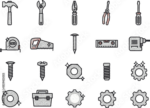 Set of various construction and repair tools, including wrenches, saws, screwdrivers, tape measures, drills, and toolbox icons
