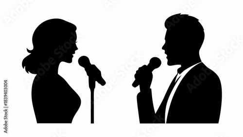 Stunning silhouette of a dynamic male and female vocalist duo performing live with microphones on stage