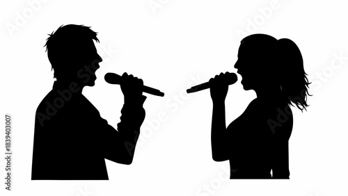 Dynamic black silhouette profile of male and female singers passionately performing live with microphones