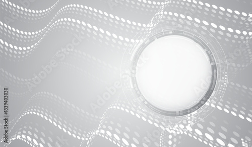 Minimal futuristic technology background with a glowing circular interface, flowing dotted waves, and soft gray tones, symbolizing digital networks, data flow, and innovation.