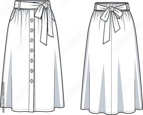 Technical fashion illustration of button-down belted skirt with waistband, side pockets, pleats, front and back views, garment construction sketch