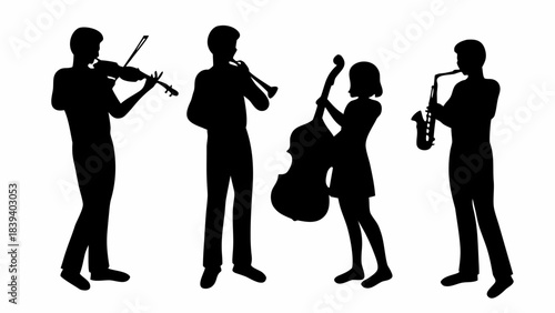 Dynamic silhouette quartet featuring violin cello trumpet and saxophone musicians performing live