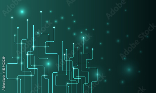 Abstract technology background with glowing circuit lines and nodes on a dark green backdrop, symbolizing digital networks, data connections, innovation, and futuristic communication.