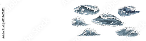A collection of stylized ocean waves with crashing foam, depicting dynamic water movement. Ideal for marine-themed designs, backgrounds, and graphic projects.
