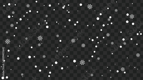 Falling white snow and intricate ice crystals on a transparent background, perfect for winter holiday design projects and overlay effects Vector