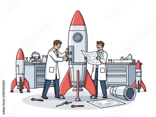 Illustration of scientists working on a space rocket, isolated on white background