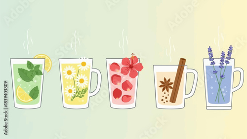Collection of Five Refreshing Herbal Teas in Clear Mugs.
