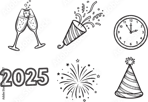 Happy New Year 2025 celebration icons including champagne glasses, party popper, clock, fireworks, and party hat