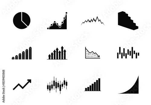 Graph icon set.Including Statistic and data, charts diagrams, money, down or up arrow. Silhouette vector illustration