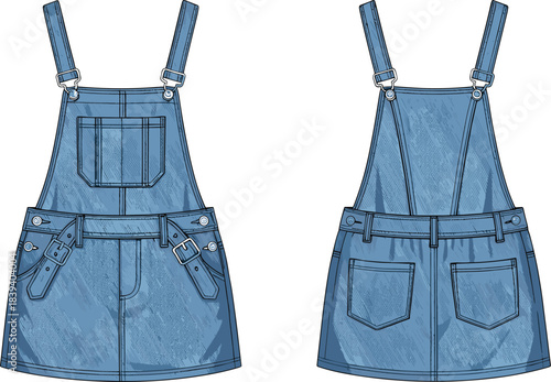 Technical fashion illustration of denim overall dress with adjustable straps, chest pocket, belt loops, topstitch details, front and back views