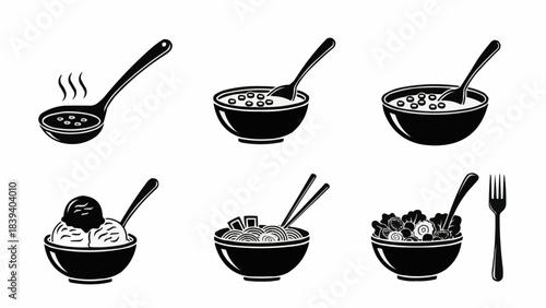 Set of hand drawn food bowls with various meals and utensils.