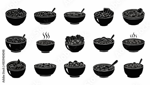 Collection of Black and White Illustrations of Various Bowls of Food.